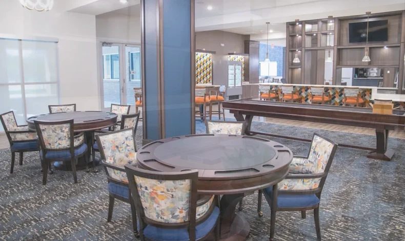 Watermere at the Preserve senior living community offering active adult living and independent living in North Richland Hills, TX, activities room with game tables