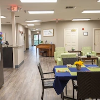 Assisted living and memory care at Bridgewater Memory Care in Granbury, TX, common gathering area and dining space