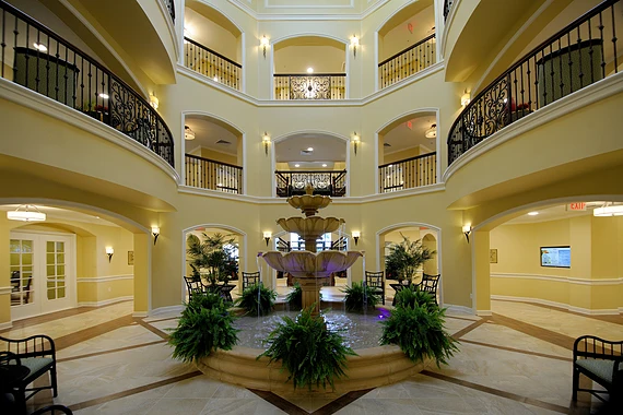 Allegro Winter Park senior living offering independent living, assisted living, memory care, and respite care in Winter Park, FL, lobby with water feature