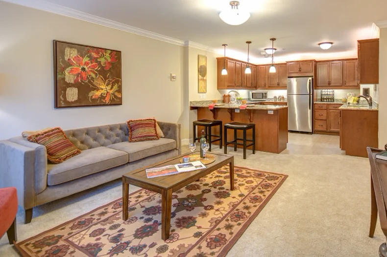 Judson Park Senior Living in Des Moines, WA, apartment kitchen and living room