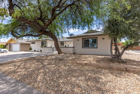 Legato Living Residential Memory Care at Old Town senior living community offering assisted living and memory care in Scottsdale, AZ, front exterior with large trees in view