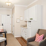 Woodbridge Terrace of Irvine, independent living, assisted living, and memory care in Irvine, CA, apartment featuring a kitchenette