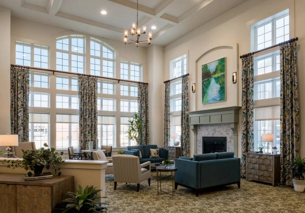 Charter Senior Living of Brookfield common area by fireplace