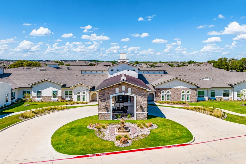 Wilshire Senior Living, independent living, assisted living, and memory care in Burleson, TX, exterior and front entrance
