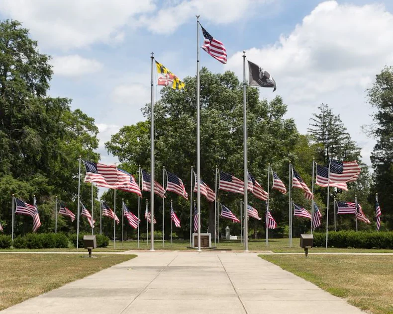 Charlotte Hall Veterans Home Skilled Nursing & Rehabilitation Center Senior Care by PruittHealth in Charlotte Hall, Maryland outdoor American flags