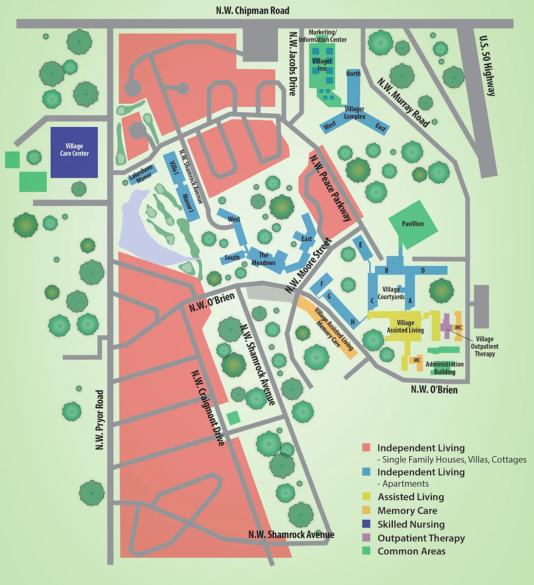 John Knox Village Assisted Living near Kansas City, MO CCRC map
