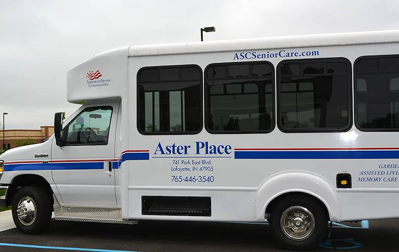 Aster Place senior living community offering independent living, assisted living, memory care, and respite care in Lafayette, IN, community transportation bus for residents