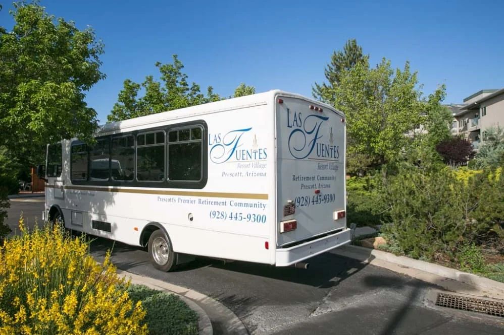 Independent living, assisted living, and memory care at Las Fuentes Resort Village in Prescott, AZ, community van
