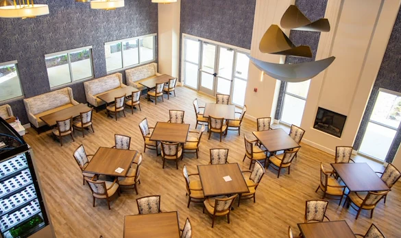 Watermere at the Preserve senior living community offering active adult living and independent living in North Richland Hills, TX, dining room view from above