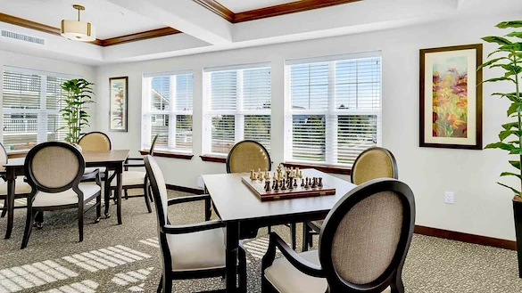 Bear Hollow Estates Hawthorn Senior Independent Living in Rancho Cordova, California, table in the game room with a chess board