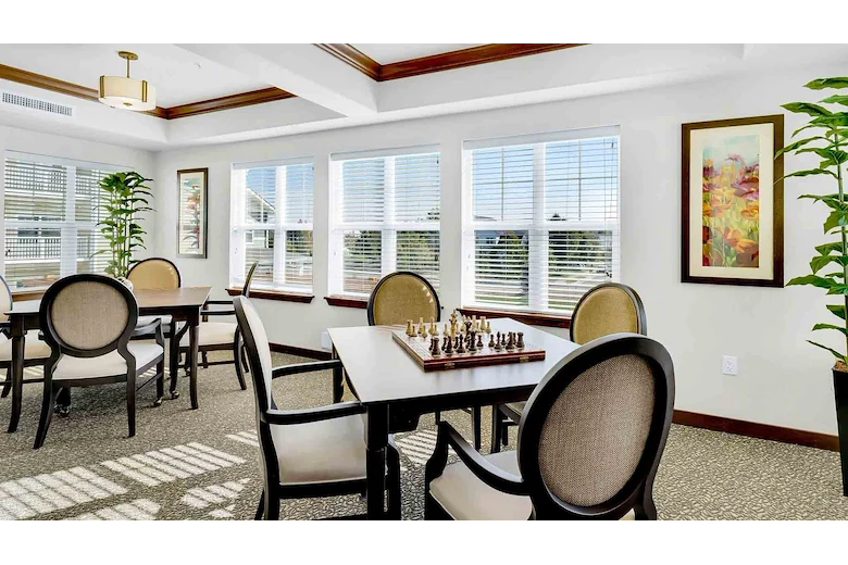 Bear Hollow Estates Hawthorn Senior Independent Living in Rancho Cordova, California, table in the game room with a chess board