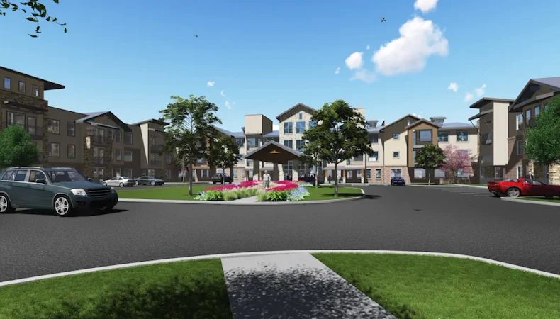 Watermere at Flower Mound senior living community offering active adult living and independent living in Flower Mound, TX, front exterior and parking lot