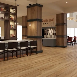Watermere at Flower Mound senior living community offering active adult living and independent living in Flower Mound, TX, bar area with countertop and bar stool seating, with a view into the dining room