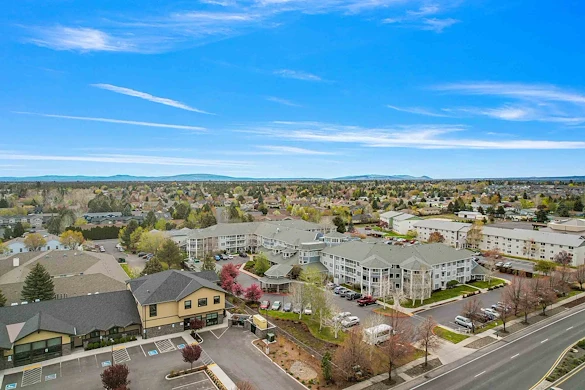 Stone Lodge Gracious Retirement Living Hawthorn Senior independent Living in Bend, Oregon front exterior drone view