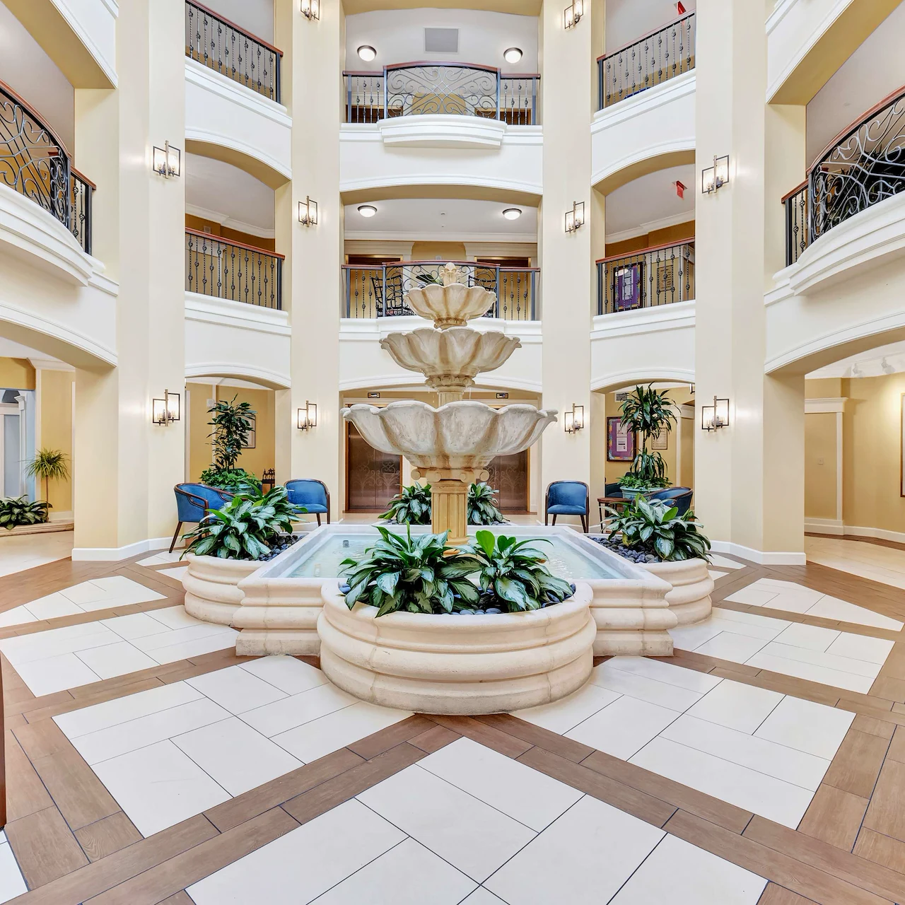 Allegro Boynton Beach, senior living community offering independent living, assisted living, memory care, and respite care in Boynton Beach, FL, lobby with fountain