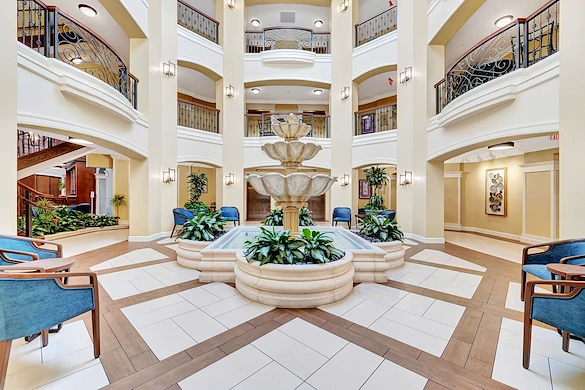 Allegro Boynton Beach, senior living community offering independent living, assisted living, memory care, and respite care in Boynton Beach, FL, lobby with fountain