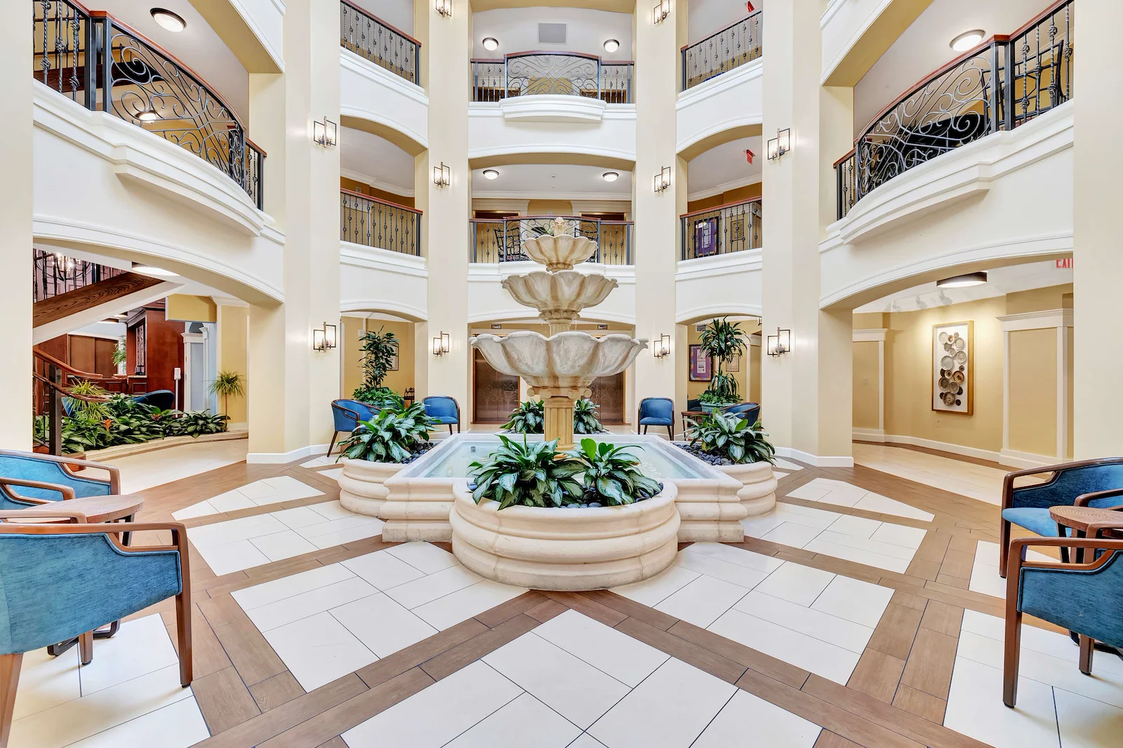 Allegro Boynton Beach, senior living community offering independent living, assisted living, memory care, and respite care in Boynton Beach, FL, lobby with fountain