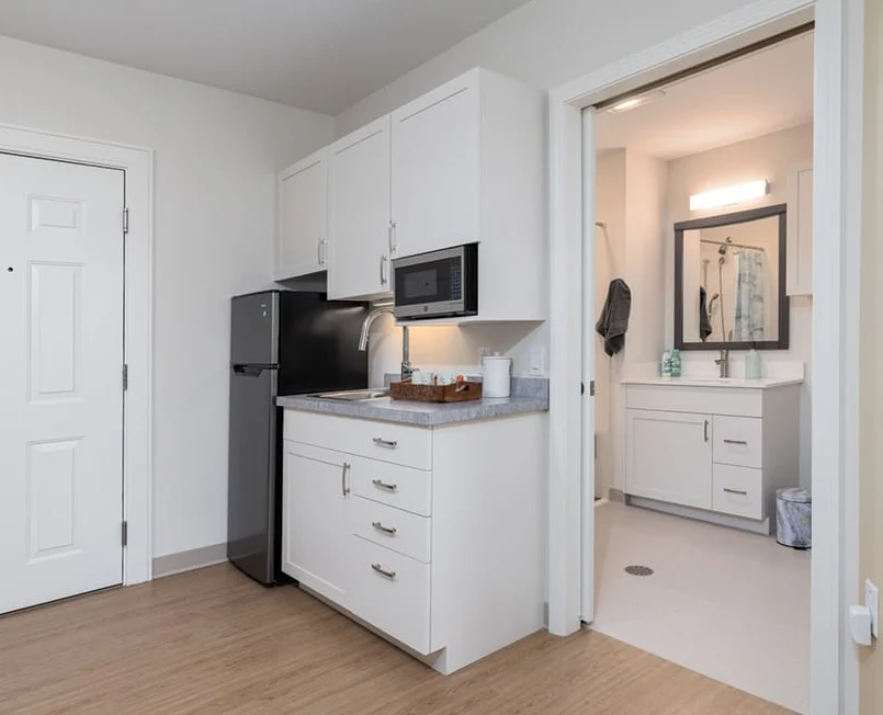KindCare at Bristol, CT, apartment kitchenette and bathroom