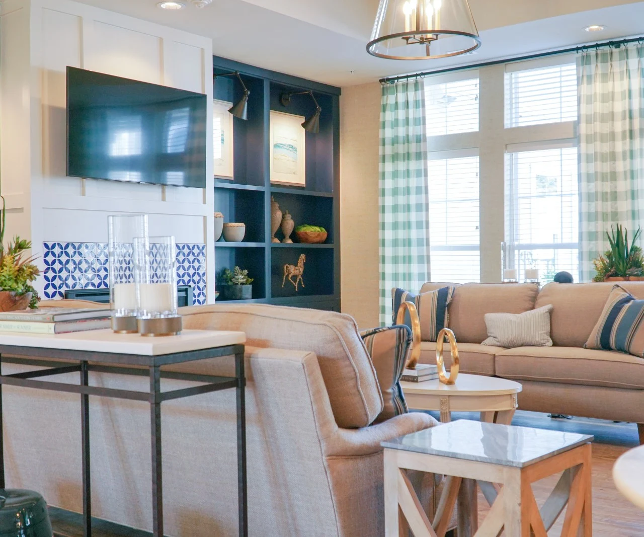 The Barclay at Little River sitting area by fireplace