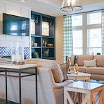 The Barclay at Little River sitting area by fireplace