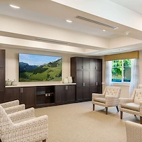 Woodbridge Terrace of Irvine, independent living, assisted living, and memory care in Irvine, CA, comfortable sitting area with tv