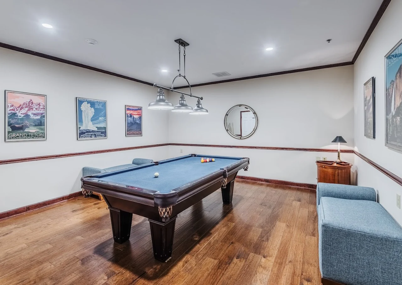 Independent living at Brightmore of Wilmington in Wilmington, NC, game room featuring a pool table