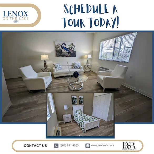 Lenox on the Lake senior living community offering assisted living and memory care in Lauderhill, FL, promotional image encouraging scheduling a tour with visuals of the community