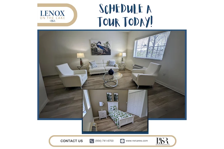 Lenox on the Lake senior living community offering assisted living and memory care in Lauderhill, FL, promotional image encouraging scheduling a tour with visuals of the community