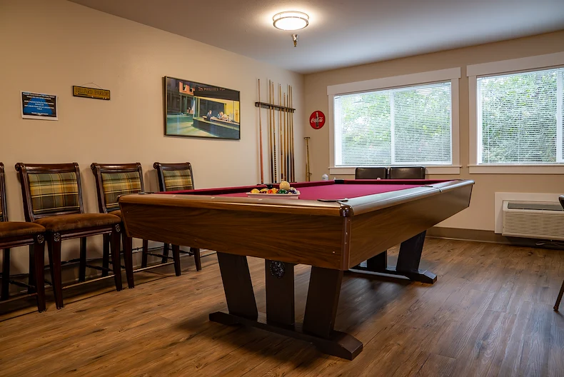 Heatherwood Senior Living activities room with pool table