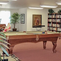 Ashley Park by Barclay House independent senior living in Charleston, SC, activities room featuring a billiard table and a bookshelf filled with books