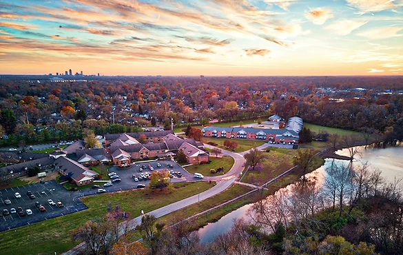 American Village Lincoln Lodge senior living community offering independent living, assisted living, and memory care in Indianapolis, IN, drone view of community