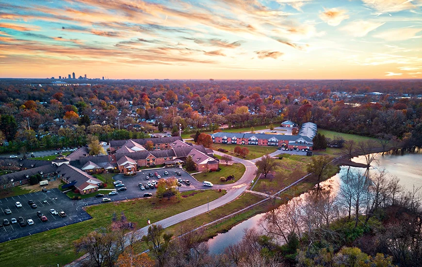 American Village Lincoln Lodge senior living community offering independent living, assisted living, and memory care in Indianapolis, IN, drone view of community