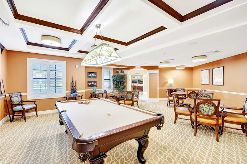 Allegro Boynton Beach, senior living community offering independent living, assisted living, memory care, and respite care in Boynton Beach, FL, activities room with pool table