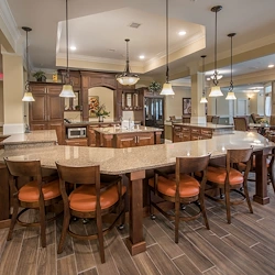 Barclay House of Aiken, senior living community offering assisted living and memory care in Aiken, SC, barstool seating at countertop in main community area