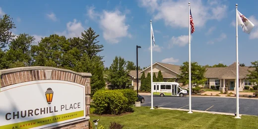 Churchill Place Senior Memory Care in Glen Ellyn, IL front entrance parking lot and welcome sign