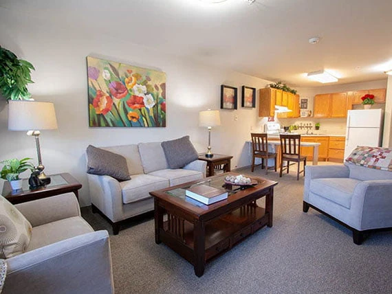 Avamere at Port Townsend Senior Living in Washington apartment living room and kitchen