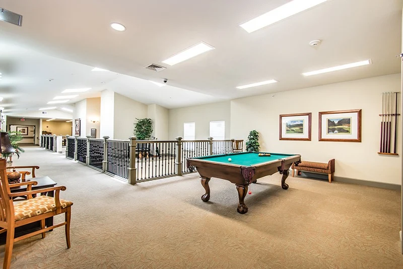 A spacious, carpeted game room in Godfrey, Illinois features a pool table with balls and cues, two cushioned wooden chairs, framed artwork, and natural light. Railings and potted plants add safety and greenery—perfect for assisted living residents.