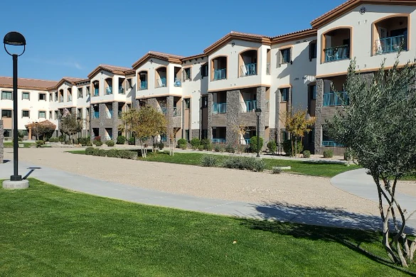 Walking paths throughout the community. Views of apartment homes from courtyard