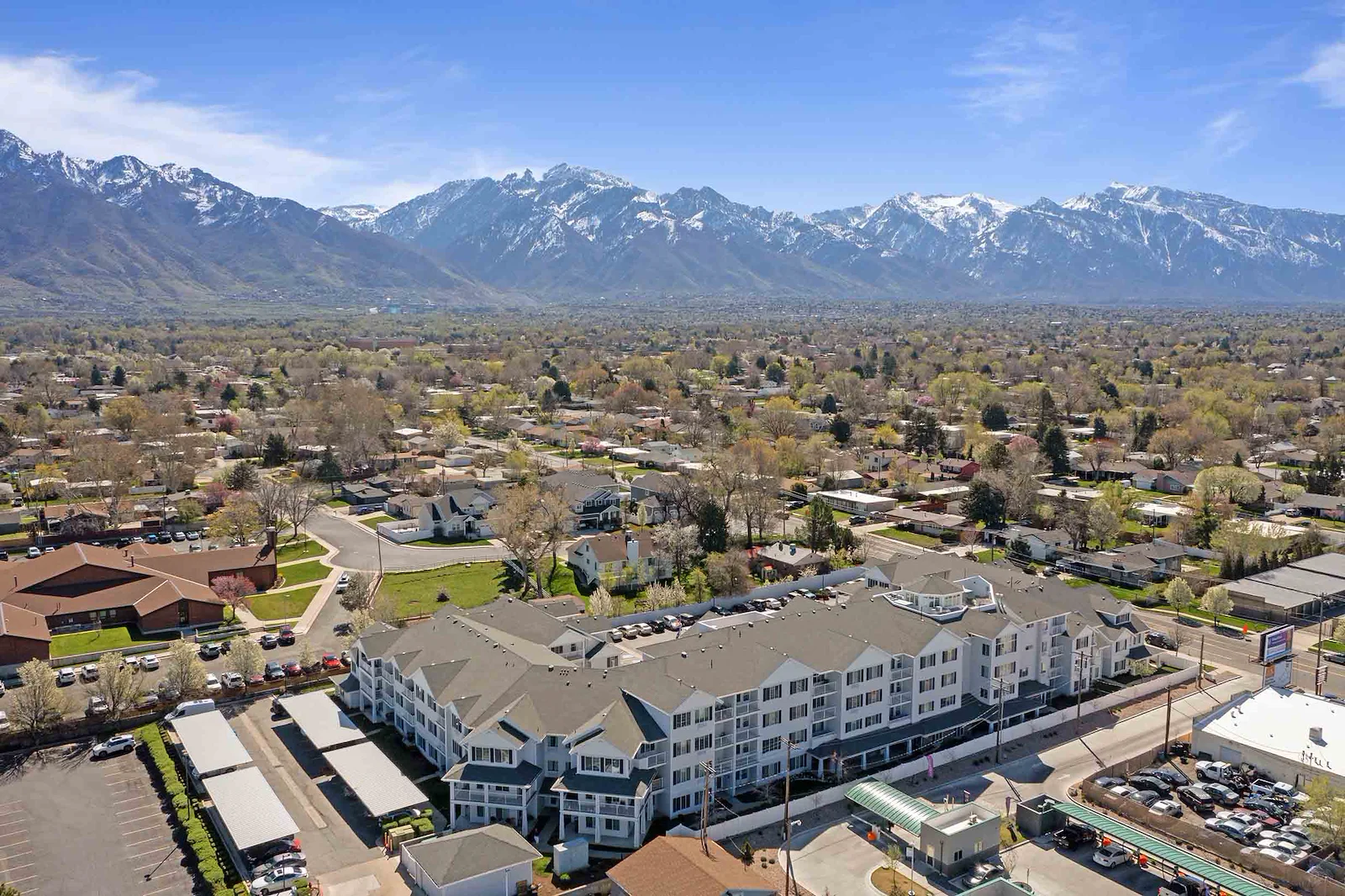 Olympus Ranch Gracious Retirement Living Hawthorn Senior Independent Living in Murray, Utah exterior drone view