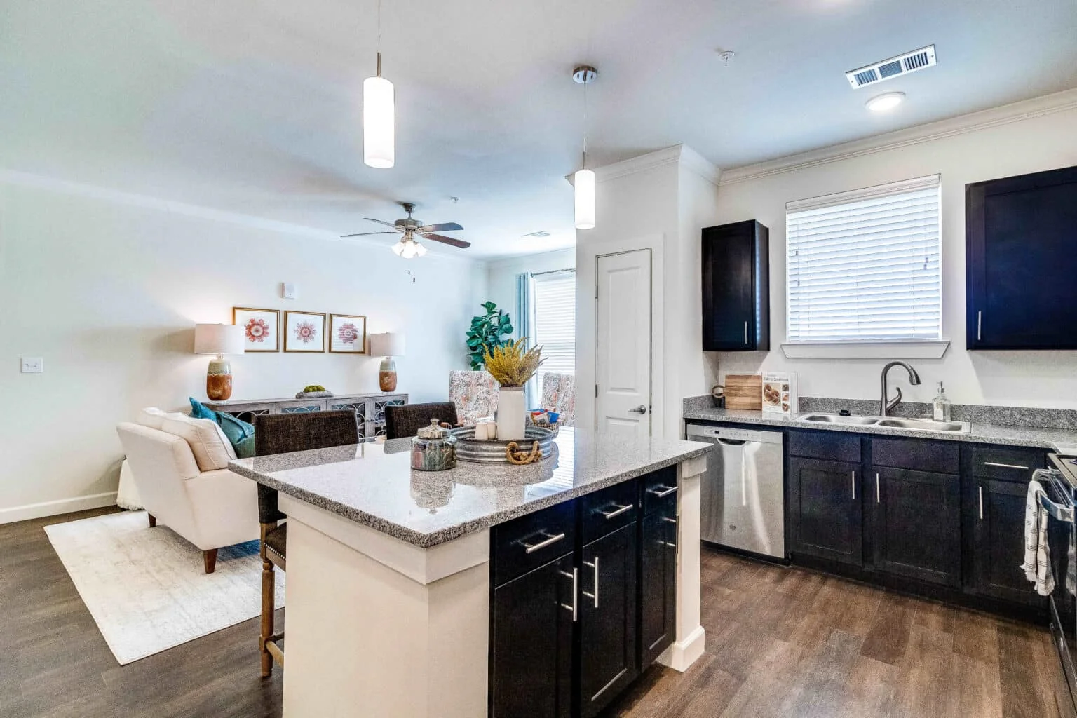 Kitchen and living area of a Vincent Senior Living Community apartment