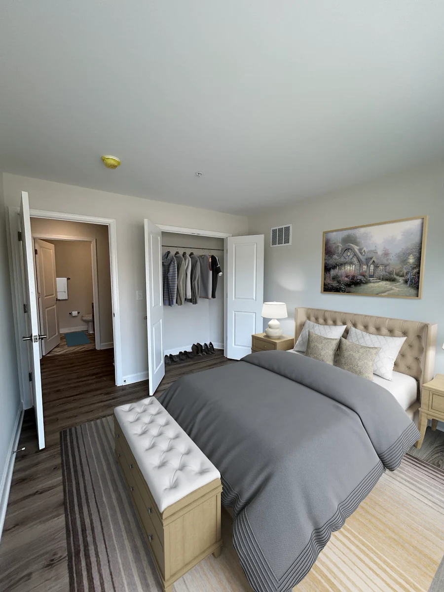 Willow Manor at Cabin Branch senior living community offering independent living and affordable living in Clarksburg, MD, apartment bedroom and closet