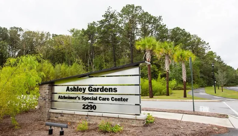 Ashley Gardens Senior Living offering assisted living and memory care in Charleston, SC, community sign