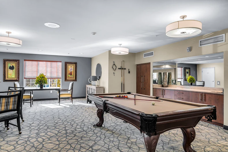 Colonial Gardens Gracious Retirement Living Hawthorn Senior Independent Living in Beverly, Massachusetts billiards table game room