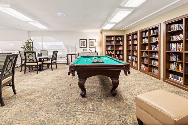 Carolina Estates Gracious Retirement Living Hawthorn Senior Independent Living in Greensboro, North Carolina billiards table game room