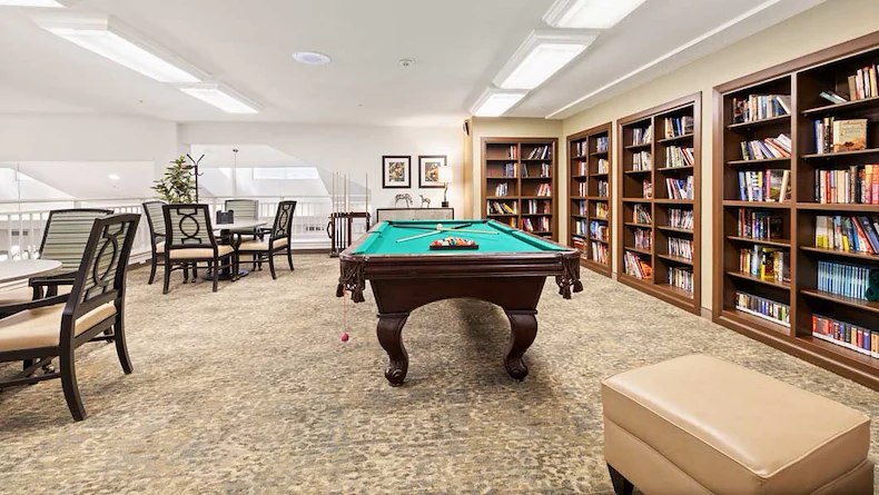 Carolina Estates Gracious Retirement Living Hawthorn Senior Independent Living in Greensboro, North Carolina billiards table game room