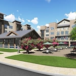 Watermere at the Preserve senior living community offering active adult living and independent living in North Richland Hills, TX, front exterior featuring an outdoor seating area