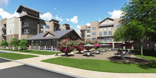 Watermere at the Preserve senior living community offering active adult living and independent living in North Richland Hills, TX, front exterior featuring an outdoor seating area