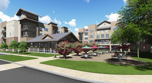 Watermere at the Preserve senior living community offering active adult living and independent living in North Richland Hills, TX, front exterior featuring an outdoor seating area