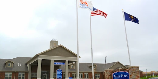 Aster Place senior living community offering independent living, assisted living, memory care, and respite care in Lafayette, IN, front entrance