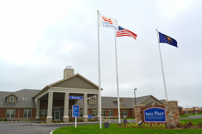 Aster Place senior living community offering independent living, assisted living, memory care, and respite care in Lafayette, IN, front entrance